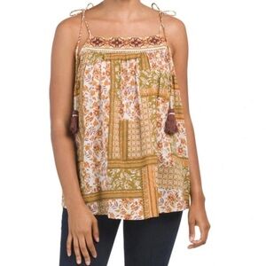Artelier Nicole Miller Floral/Geometric Print Strap Embroidered Blouse S NWT